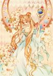  1girl bare_shoulders bishoujo_senshi_sailor_moon blonde_hair blue_eyes bracelet collarbone crescent double_bun dress facial_mark flower forehead_mark hair_ornament hairpin highres jewelry lily_(flower) long_hair princess_serenity sizh solo staff star strapless_dress tsukino_usagi twintails white_dress 