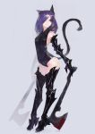  1girl animal_ears axe blood blue_eyes boots dual_wielding elbow_gloves gloves hair_over_one_eye original pump_(artist) purple_hair solo tail thigh-highs thigh_boots weapon 