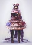  1girl absurdly_long_hair black_legwear book bow capelet crescent dress grimoire kgkn long_hair long_sleeves looking_at_viewer mob_cap pantyhose patchouli_knowledge purple_dress purple_hair solo striped striped_dress touhou very_long_hair violet_eyes 