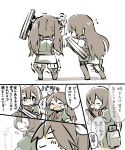  2girls :d ^_^ aircraft_catapult anger_vein asymmetrical_legwear bowtie brown_eyes brown_hair chikuma_(kantai_collection) closed_eyes comic gloves kantai_collection long_hair multiple_girls open_mouth smile tone_(kantai_collection) torihamu translation_request twintails 