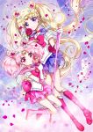  2girls bishoujo_senshi_sailor_moon bishoujo_senshi_sailor_moon_crystal blonde_hair blue_eyes blue_skirt boots chibi_usa choker crescent double_bun earrings flower full_moon heart jewelry long_hair looking_at_viewer magical_girl moon multiple_girls petals pink_eyes pink_skirt ringonaki rose sailor_chibi_moon sailor_moon short_hair skirt smile staff tsukino_usagi twintails 