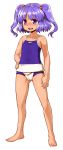  absurdres competition_swimsuit fundoshi hair_bobbles hair_ornament highres itou_yuuji kawashiro_nitori one-piece_swimsuit open_mouth purple_hair smile standing swimsuit tan touhou two_side_up violet_eyes 