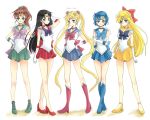  5girls aino_minako bishoujo_senshi_sailor_moon black_hair blonde_hair blue_eyes blue_hair blue_skirt boots bow brown_hair choker double_bun earrings elbow_gloves gloves green_eyes green_skirt hair_bow hair_ornament half_updo hino_rei jewelry kino_makoto knee_boots long_hair magical_girl mizuno_ami multiple_girls orange_skirt ponytail red_skirt sailor_collar sailor_jupiter sailor_mars sailor_mercury sailor_moon sailor_senshi sailor_venus short_hair skirt smile tiara tsukino_usagi twintails violet_eyes yang_(hart91) 