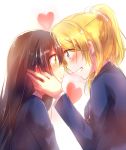  2girls ayase_eli blazer blonde_hair blue_eyes blue_hair blush brown_eyes eye_contact hand_on_another&#039;s_face heart long_hair looking_at_another love_live!_school_idol_project multiple_girls open_mouth ponytail sakura_ai_ke school_uniform short_hair smile sonoda_umi yuri 