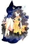  1girl anklet barefoot bishoujo_senshi_sailor_moon black_hair blue_eyes blush breasts cleavage crescent crescent_moon double_bun dress earrings jewelry long_hair looking_at_viewer luna_(sailor_moon) moon nardack personification sketch smile 