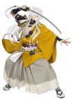  1boy fingerless_gloves full_body gloves hakama highres ipev japanese_clothes katana kogitsunemaru long_hair low-tied_long_hair male_focus official_art parted_lips red_eyes sandals sheath simple_background solo standing sword tabi touken_ranbu transparent_background very_long_hair weapon 
