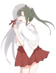  2girls :d chocotto715 hair_ribbon headband hug japanese_clothes kantai_collection long_hair multiple_girls open_mouth pleated_skirt red_ribbon red_skirt ribbon shoukaku_(kantai_collection) silver_hair skirt smile tears twintails white_background white_ribbon zuikaku_(kantai_collection) 