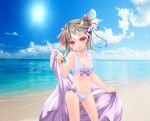  1girl alternate_costume bangle beach bikini black_hair bow bracelet cloth clouds collarbone directional_arrow horns jewelry kijin_seija killing looking_at_viewer multicolored_hair red_eyes redhead short_hair sky smile solo streaked_hair swimsuit tied_hair tongue tongue_out touhou white_hair 