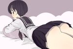  1girl ass black_eyes black_hair blush chin_rest hasesese highres looking_at_viewer looking_back lying on_stomach original pillow school_uniform serafuku short_hair skirt solo 