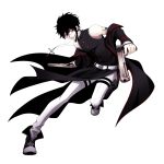  1boy agios_aranea avatar_base belt black_hair boots braid character_request coat copyright_request cross dual_wielding grin gun handgun highres holster jewelry male necklace off_shoulder parted_lips puyora red_eyes scar simple_background single_braid smile solo tattoo weapon white_background 