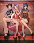  3girls bare_legs black_hair blue_eyes brown_hair contemporary diet_sence double_bun dress haruno_sakura high_heels hyuuga_hinata multiple_girls naruto purple_hair red_skirt short_dress short_hair skirt stiletto_heels striped sweater_dress tenten violet_eyes 