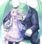  animal_ears animal_tail butler canine crouching dragon dress horns kemono pink_eyes pink_hair size_difference suit very_long_hair white_eyes wings 