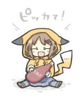  1girl blush_stickers brown_hair chibi closed_eyes fang hair_ornament hairclip hoodie ikazuchi_(kantai_collection) kantai_collection ketchup open_mouth pokemon raichu short_hair sitting solo tail yuasan 