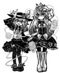  2girls alternate_costume bow bubble_skirt corset expressionless eyeball fox_mask hat hat_ribbon hata_no_kokoro heart heart-shaped_pupils highres holding_hands komeiji_koishi long_hair long_sleeves looking_at_viewer mask monochrome multiple_girls open_mouth ribbon short_hair simple_background skirt smile symbol-shaped_pupils third_eye touhou very_long_hair white_background yt_(wai-tei) 