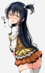  1girl blue_hair blush brown_eyes embarrassed from_behind haruken long_hair looking_at_viewer looking_back love_live!_school_idol_project open_mouth side_ponytail solo sonoda_umi tears thigh-highs white_legwear 