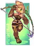  1girl arrow blonde_hair boots bow_(weapon) breasts character_name cra detached_sleeves dress evangelyne freckles gloves green_eyes hair_ornament hairclip halterneck highres over_shoulder pointy_ears running sarikyou short_dress short_hair solo thigh-highs thigh_boots wakfu weapon weapon_over_shoulder zettai_ryouiki 