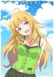  1girl ahoge arms_behind_back artist_name blonde_hair blush character_name dated green_eyes highres hoshii_miki idolmaster inoue_sora long_hair looking_at_viewer one_eye_closed open_mouth revision smile solo translated 