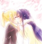  2girls ayase_eli blonde_hair blue_hair blush closed_eyes coat hand_on_another&#039;s_face kiss long_hair love_live!_school_idol_project multiple_girls ponytail sakura_ai_ke scarf short_hair sonoda_umi yuri 