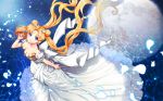  1girl bare_shoulders bishoujo_senshi_sailor_moon blonde_hair blue_eyes breasts cleavage clothes_grab crystal double_bun dress from_above full_moon gown hair_ornament hairclip holding jewelry long_dress long_hair moon necklace petals princess_serenity reflection saban smile solo tsukino_usagi twintails very_long_hair water white_dress wind 