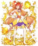  1girl amanogawa_kirara bare_shoulders choker cure_twinkle earrings gloves go!_princess_precure hand_on_hip jewelry long_hair looking_at_viewer magical_girl naokado one_eye_closed orange_hair precure solo star star_earrings starry_background thigh-highs twintails violet_eyes white_gloves white_legwear 