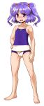  absurdres competition_swimsuit fundoshi hair_bobbles hair_ornament highres itou_yuuji kawashiro_nitori one-piece_swimsuit open_mouth purple_hair smile standing swimsuit touhou two_side_up violet_eyes 