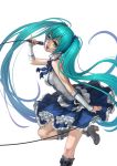  1girl aqua_eyes aqua_hair bojue_yu_yaojing_695657 boots bow cross-laced_footwear elbow_gloves fingerless_gloves frilled_skirt frills gloves hatsune_miku microphone simple_background skirt sleeveless solo twintails vocaloid white_background 