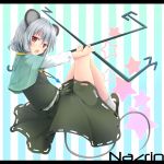  1girl animal_ears blush capelet dowsing_rod grey_hair jewelry mouse_ears mouse_tail nazrin nnyara open_mouth pendant red_eyes short_hair skirt solo star striped striped_background tail touhou 