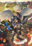  1girl angel armor armored_dress bare_shoulders blue_eyes feathered_wings feathers gauntlets greaves halo hand_on_hilt highres kureta_(nikogori) original sheath sheathed short_hair solo sword thigh-highs weapon white_hair wings 