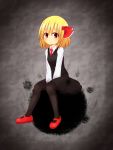  between_legs black_legwear blonde_hair blouse darkness hair_ribbon hand_between_legs mary_janes red_eyes red_shoes ribbon rumia shoes short_hair sitting skirt takapi_3 touhou vest 