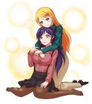  2girls ayase_eli blonde_hair blue_eyes breasts green_eyes hug hug_from_behind long_hair love_live!_school_idol_project multiple_girls pantyhose purple_hair shingo_(picturepuzzle) smile toujou_nozomi twintails 