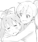  2girls =_= antenna_hair bow closed_eyes fang futami_mami ganaha_hibiki hair_bow hug idolmaster long_hair monochrome multiple_girls natsunagi_takaki open_mouth ponytail side_ponytail smile sweatdrop 