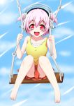  1girl bad_feet blush headphones highres ion_(artist) looking_at_viewer nitroplus open_mouth pink_hair red_eyes short_hair smile solo super_sonico swing twintails young 