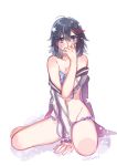  1girl allenkung1 bikini black_hair blue_eyes blush jacket jacket_off_shoulders kill_la_kill letterman_jacket matoi_ryuuko short_hair sitting solo swimsuit 