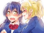  2girls ayase_eli blonde_hair blue_hair blush bow brown_eyes closed_eyes long_hair love_live!_school_idol_project multiple_girls open_mouth ponytail sakura_ai_ke school_uniform sketch smile sonoda_umi surprised wavy_mouth 