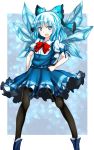  1girl adapted_costume black_legwear blue_dress blue_eyes blue_hair bow cirno crayon_(medium) dress hair_bow ice ice_wings looking_at_viewer open_mouth pantyhose puffy_short_sleeves puffy_sleeves shirt short_sleeves solo touhou wings zibun_owl 