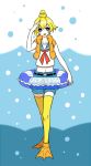 artist_request blonde_hair blue_eyes character_name flippers innertube midriff navel object_on_head parted_lips personification rubber_duck salute scp-1356 scp_foundation shorts solo standing tagme thigh-highs yellow_legwear 