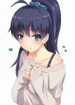  1girl antenna_hair aqua_eyes black_hair blush bust collarbone earrings ganaha_hibiki hands_on_own_chest heart hoop_earrings idolmaster jewelry looking_at_viewer mini39mame ponytail revision sleeves_past_wrists solo sweater 
