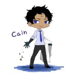  1boy :&gt; artist_request black_hair blue_eyes character_name chibi facial_mark male necktie prosthesis prosthetic_arm robot_arms scp_foundation smile solo standing 