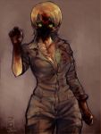  1girl 2014 artist_name blonde_hair blood breasts character_name cleavage dated green_eyes jcm2 jumpsuit personification scp-173 scp_foundation solo 