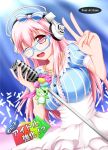  1girl breasts glasses headphones ion_(artist) large_breasts long_hair looking_at_viewer macaron microphone microphone_stand nitroplus one_eye_closed open_mouth pink_hair red_eyes smile solo super_sonico v 
