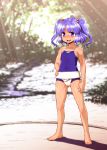  competition_swimsuit forest fundoshi hair_bobbles hair_ornament highres itou_yuuji kawashiro_nitori nature one-piece_swimsuit open_mouth purple_hair smile standing swimsuit touhou two_side_up violet_eyes 