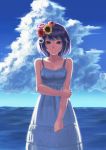  1girl black_hair blue_eyes clouds dress flower hair_flower hair_ornament highres michitarou monogatari_(series) nisemonogatari senjougahara_hitagi short_hair 