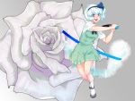  bob_cut flower grey_eyes hair_ribbon katana konpaku_youmu konpaku_youmu_(ghost) mago_(gengennikoniko) ribbon sheath short_hair skirt smile sword touhou weapon white_hair 