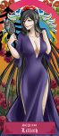  1girl art_nouveau black_eyes black_hair breasts character_name cleavage dragon_ash dress flower hand_mirror highres large_breasts lips long_hair mirror mouth_hold scales scp-336 scp_foundation solo tagme very_long_hair 