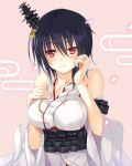  1girl bare_shoulders black_hair breasts bust cleavage detached_sleeves hair_ornament hand_on_own_chest hinot japanese_clothes jewelry kantai_collection looking_at_viewer nontraditional_miko red_eyes ring short_hair solo yamashiro_(kantai_collection) 