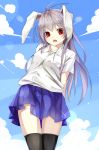  1girl adapted_costume animal_ears arms_behind_back black_legwear blue_sky clouds gorilla_(bun0615) highres long_hair looking_at_viewer open_mouth pleated_skirt purple_hair rabbit_ears red_eyes reisen_udongein_inaba shirt short_sleeves skirt sky solo thigh-highs touhou very_long_hair zettai_ryouiki 