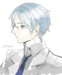  1boy artist_request blue_eyes blue_hair commentary_request glasses iceberg_(scp) male necktie scp_foundation simple_background solo translation_request white_background 