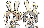  &gt;:d 2girls :d alternate_headwear animal_ears bare_shoulders bunny_hat detached_sleeves glasses hand_on_glasses hiei_(kantai_collection) japanese_clothes kantai_collection kirishima_(kantai_collection) multiple_girls nontraditional_miko open_mouth rabbit_ears raised_fist short_hair smile torihamu white_background 