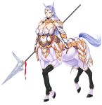  animal_ears armor blue_eyes blue_hair breasts centaur highres horse_ears huge_breasts monster_girl polearm smile spear vuccha weapon 