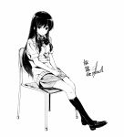  1girl amage_kanade chair faux_traditional_media long_hair looking_at_viewer monochrome original pleated_skirt school_uniform sitting skirt solo tagme 
